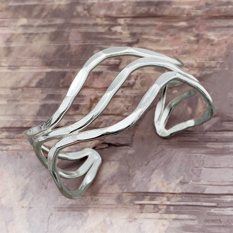 Silver-plated brass hammered cuff adjustable fair trade.