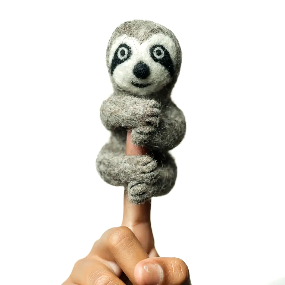 Fair trade sloth finger puppet handmade and felted in Nepal.