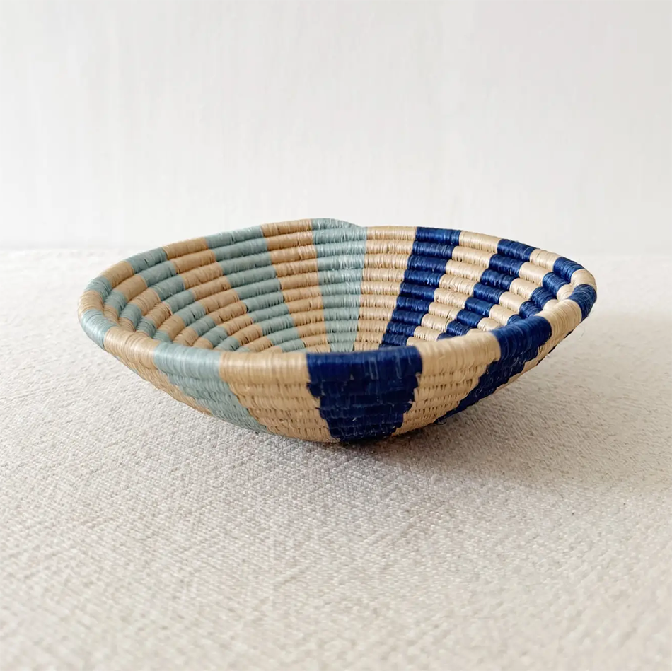 Fair trade sisal bowl basket sweetgrass blue flower design.