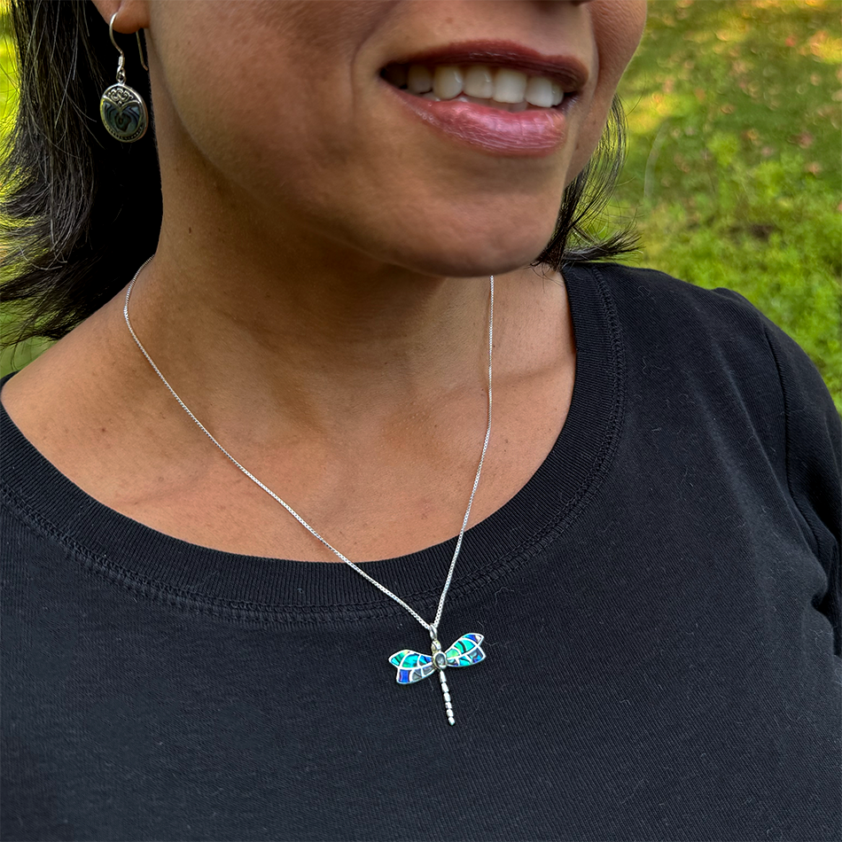 Fair trade sterling silver abalone dragonfly necklace.