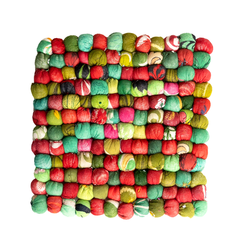 Fair trade recycled sari trivet red and green.