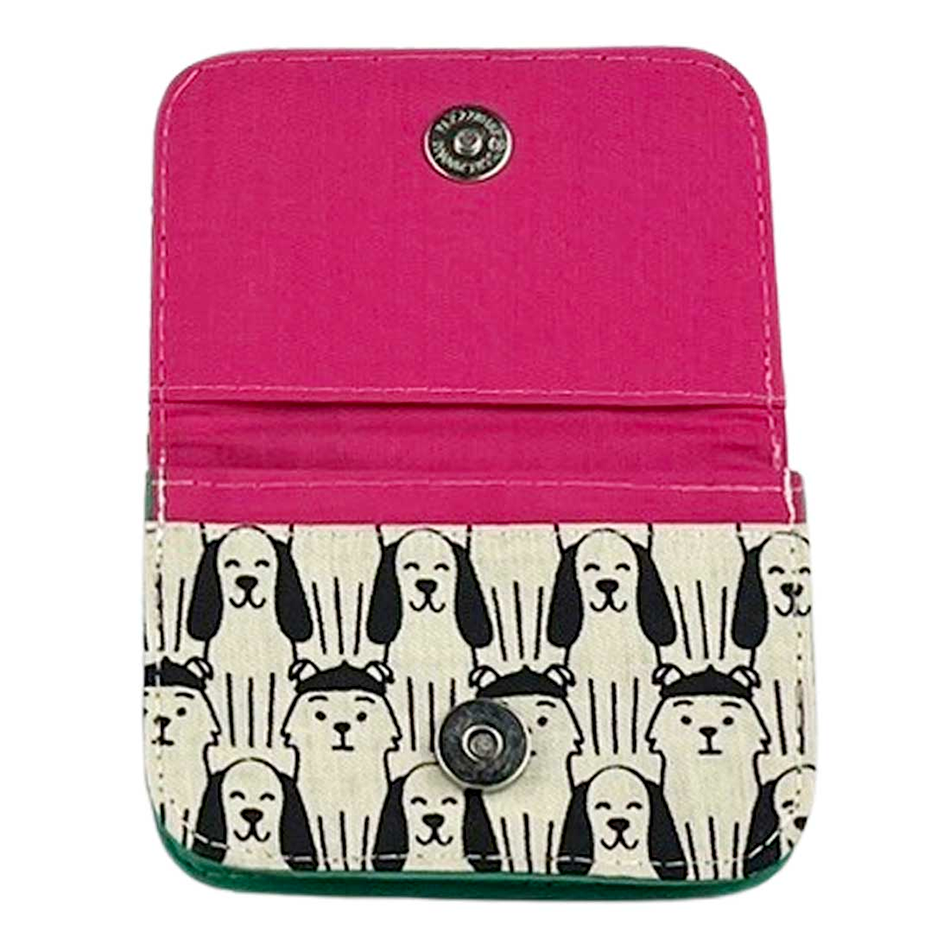 Fair trade recycled cotton small wallet card holder with dog design.
