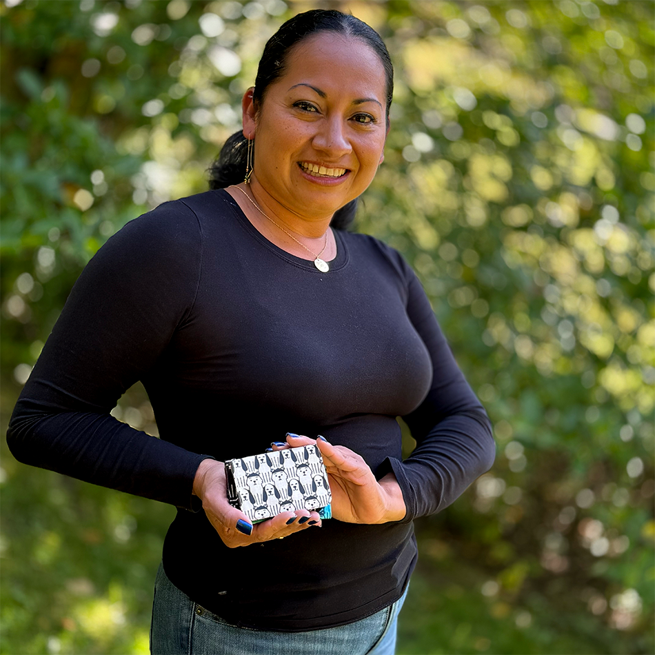 Fair trade recycled cotton small wallet card holder with dog design.