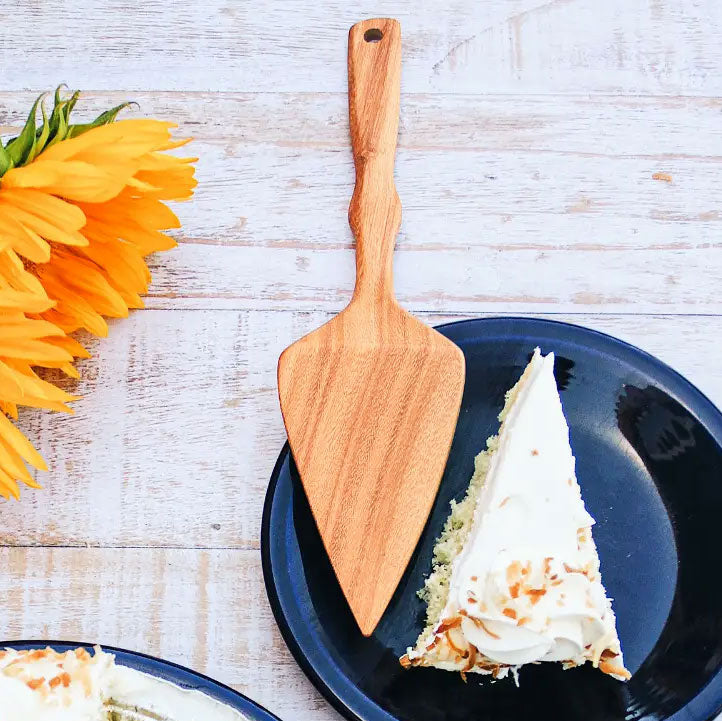 Fair trade wood cake server handmade in Guatemala.