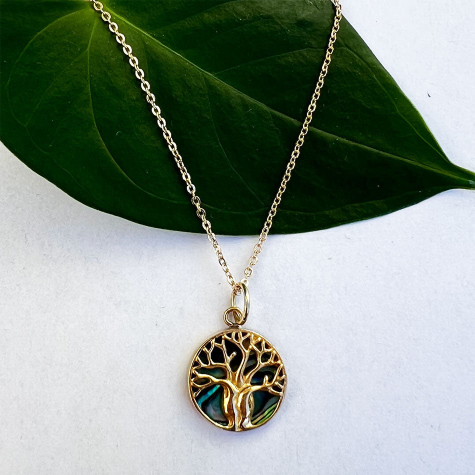 Fair trade tree of life abalone brass necklace