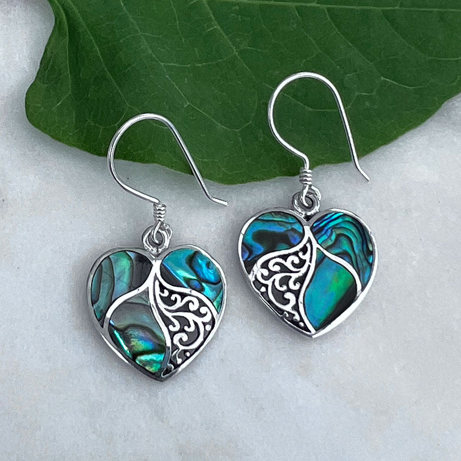 Fair trade abalone sterling silver heart earrings handmade by artisan,