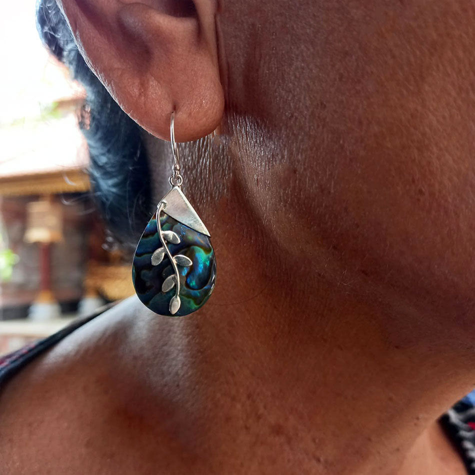 Fair trade abalone leaf earrings handmade by artisans in Bali