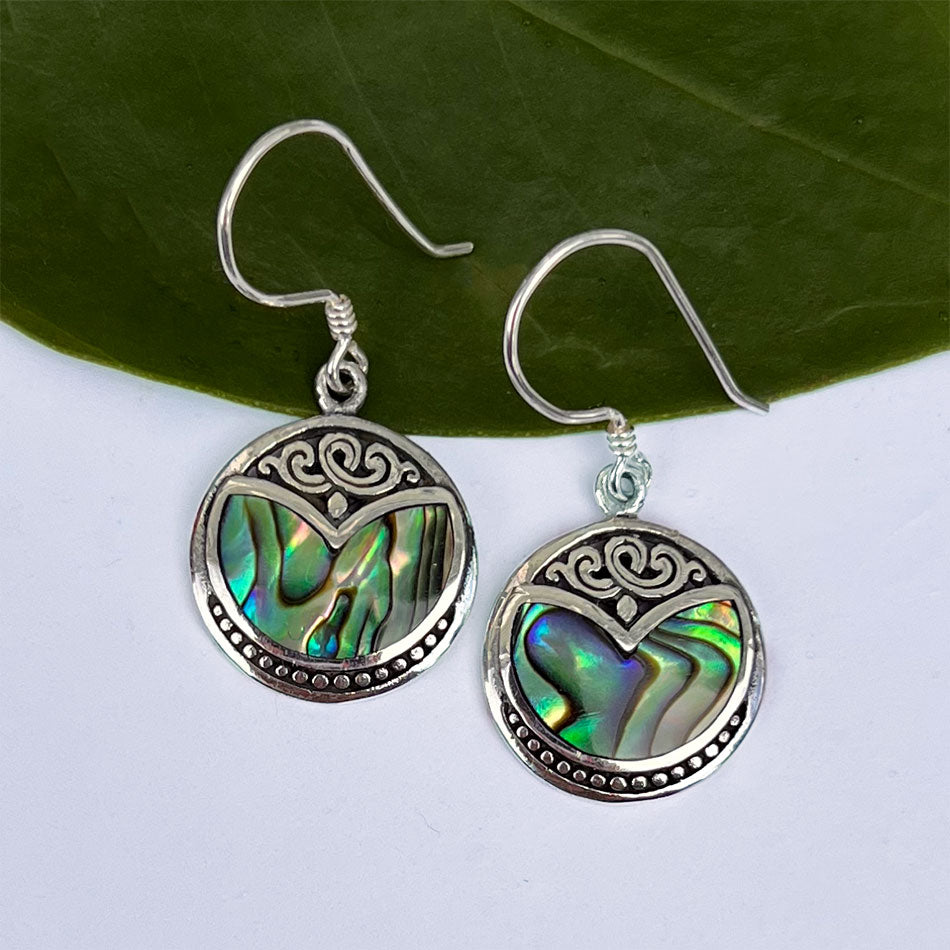 Fair trade abalone sterling silver filigree earrings handmade in Bali