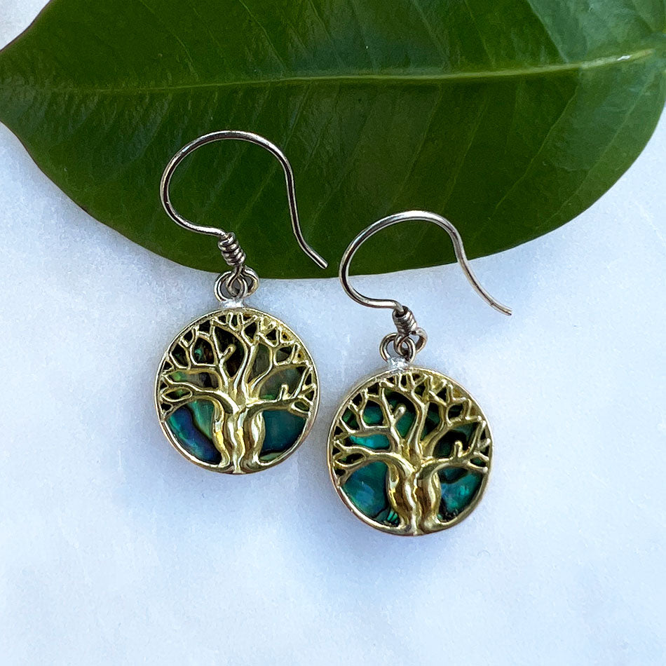 Fair trade tree of life abalone earrings