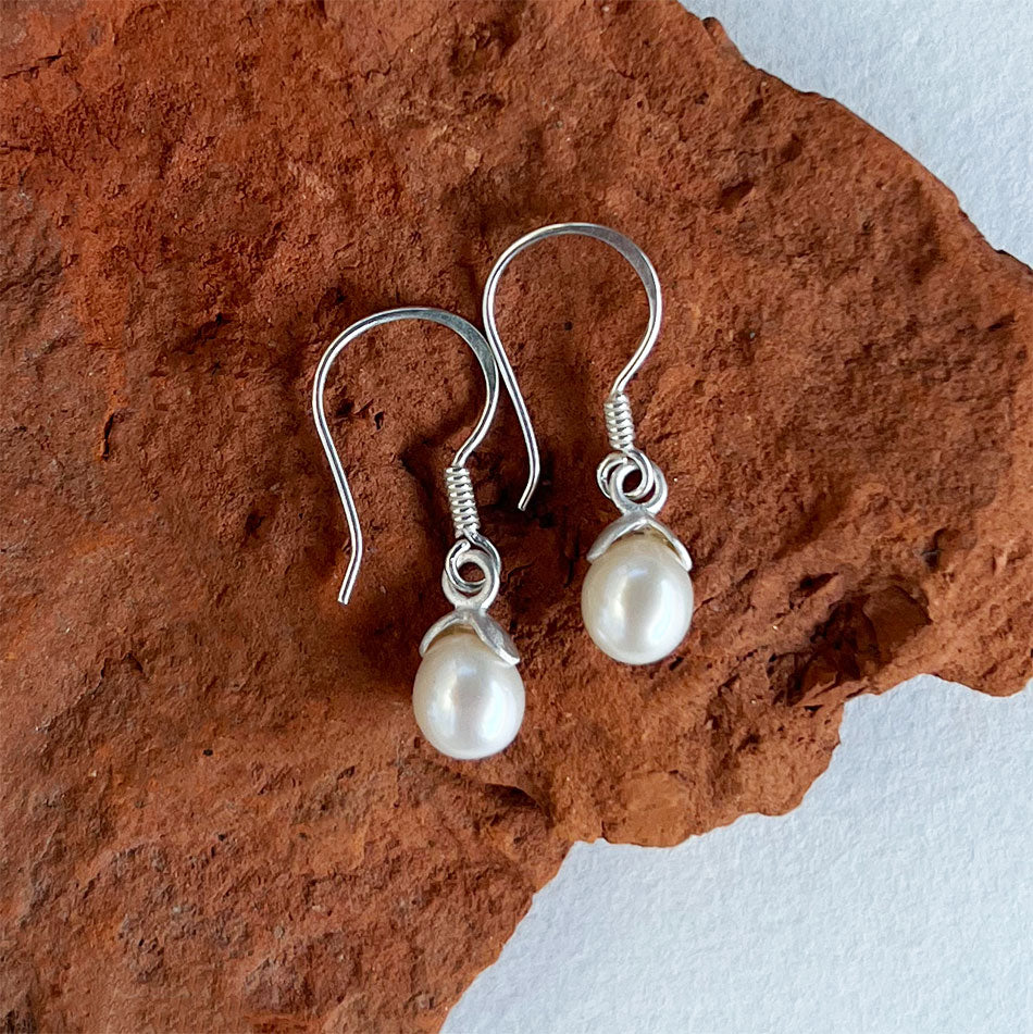 Fair trade sterling silver pearl earrings handmade by artisans in Bali