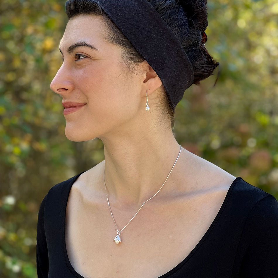 Fair trade sterling silver pearl earrings handmade by artisans in Bali