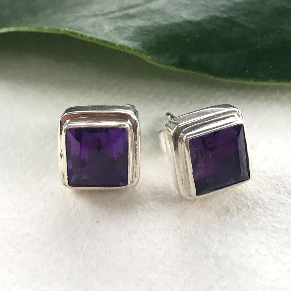 Sterling silver amethyst fair trade studs handmade in Bali