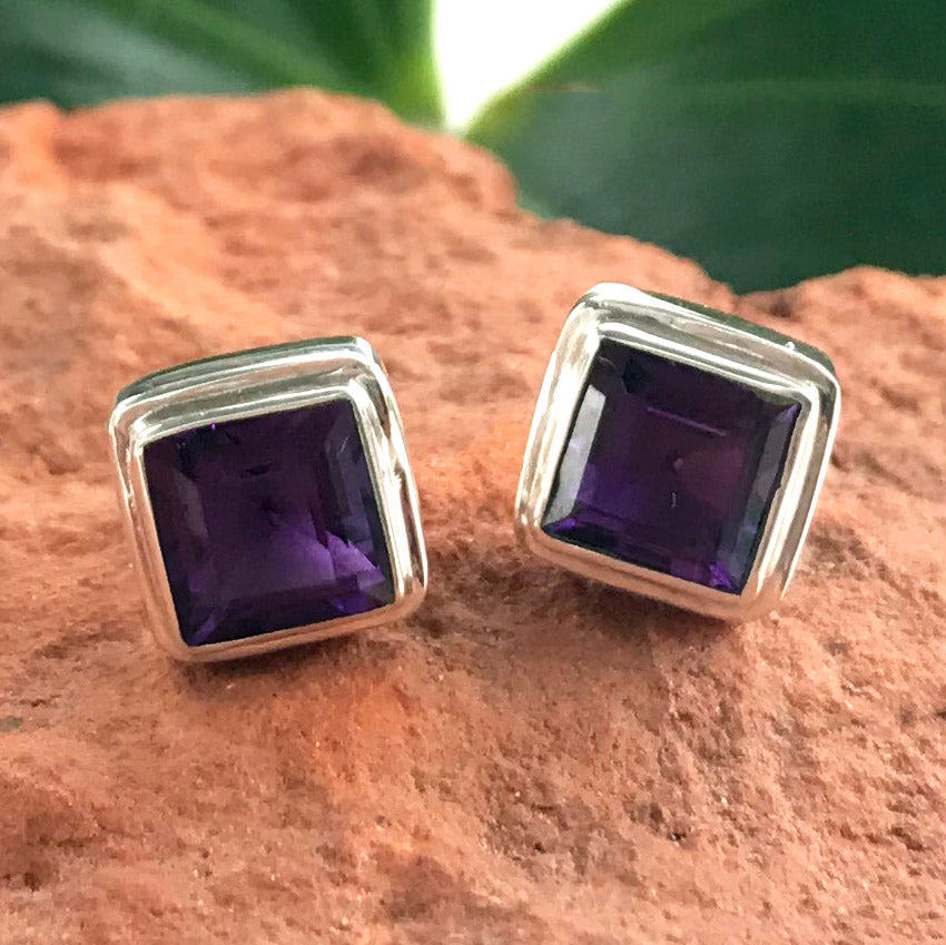 Fair trade sterling silver amethyst studs earrings handmade in Bali