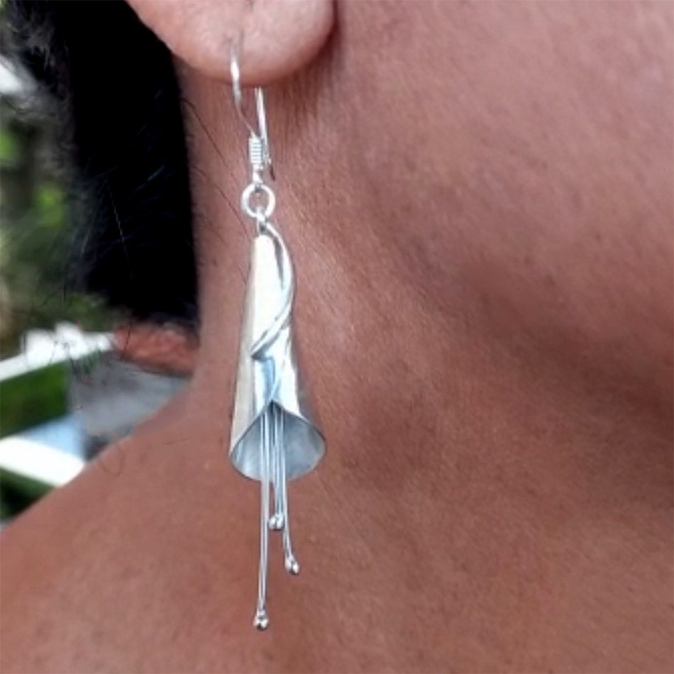 Fair trade sterling silver lily earrings handmade by artisans in bali