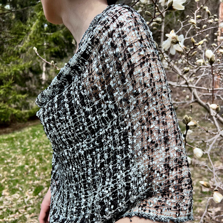 Woven Ribbon Poncho/Shrug - Black and White, Nepal