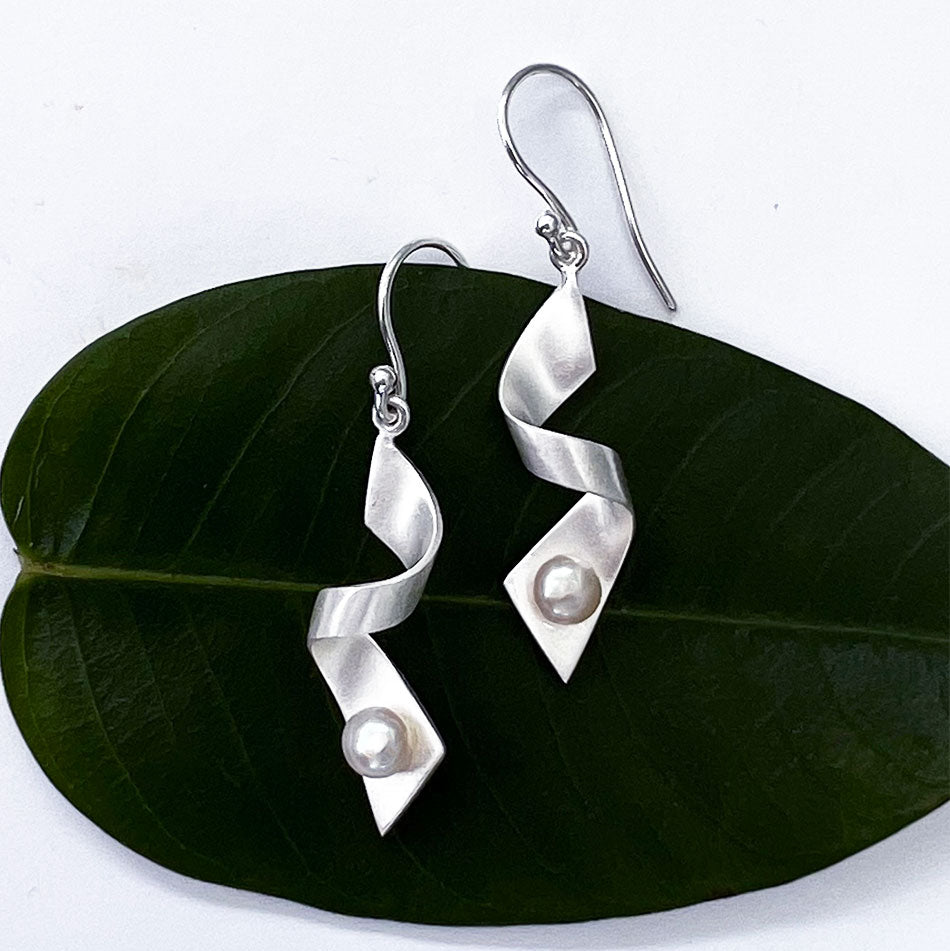 Pearl With a Twist Earrings - Sterling Silver, Indonesia