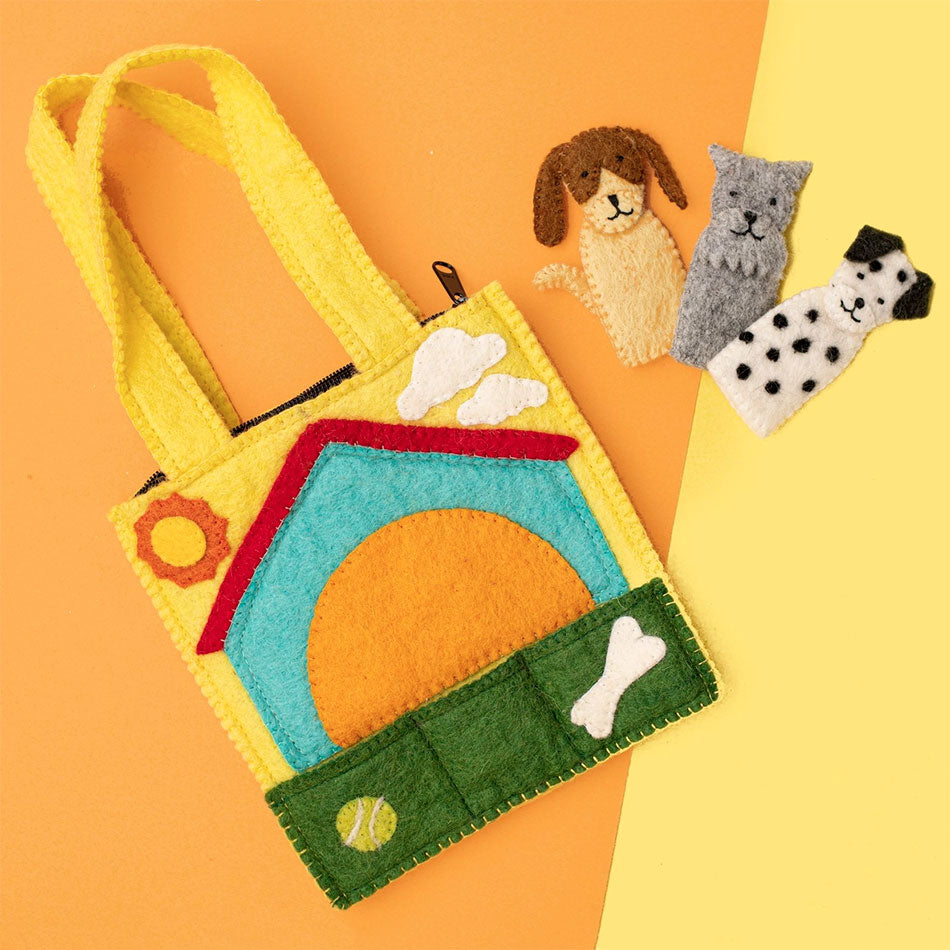Fair trade dog puppet purse handmade by women artisans in Nepal