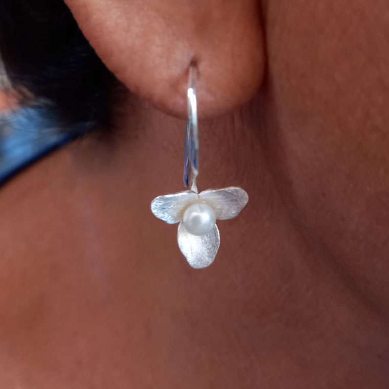 Delicate Flower and Pearl Earrings - Sterling Silver, Indonesia