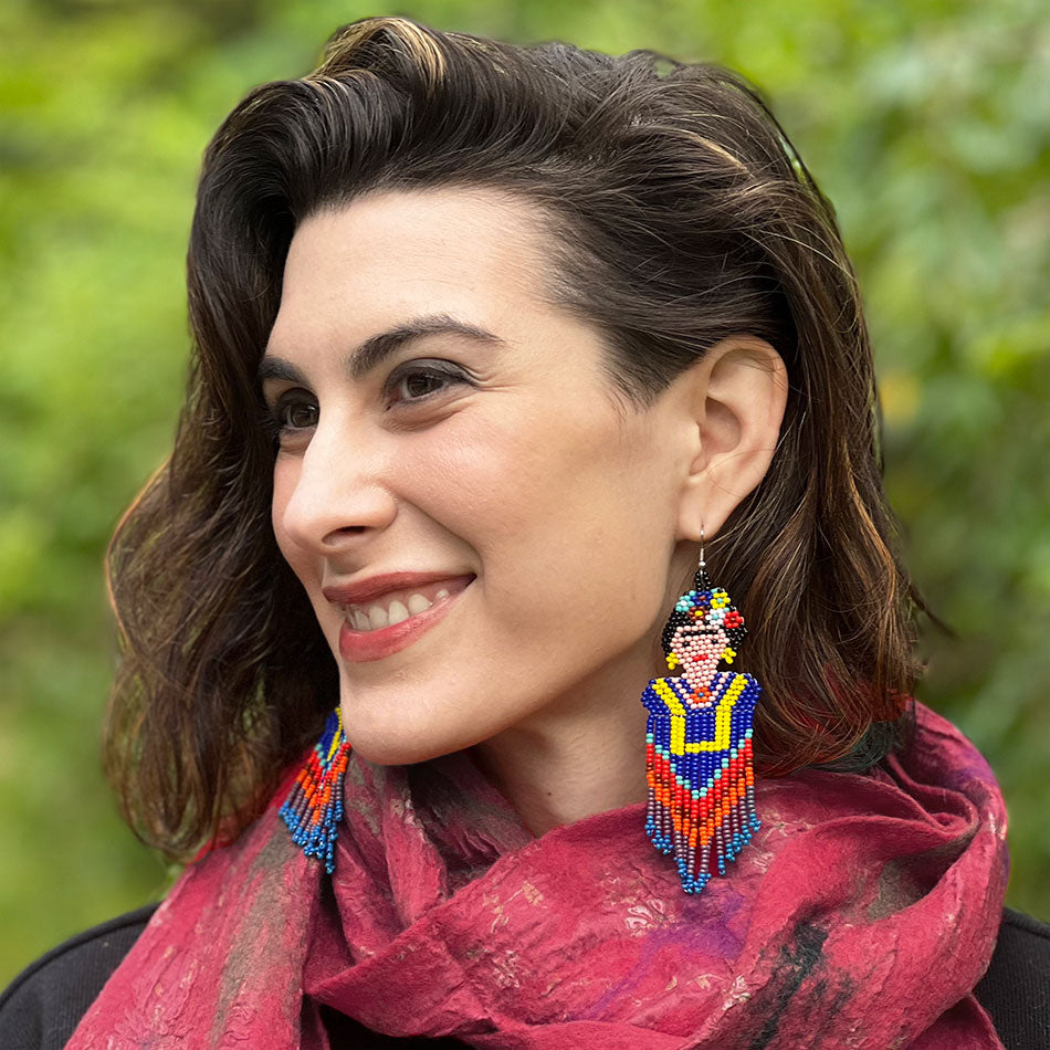 Fair trade Frida Kahlo beaded earrings handmade by women artisans in guatemala
