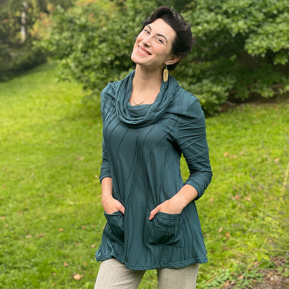 Cotton Pocket Cowl Neck Tunic - Teal, Nepal