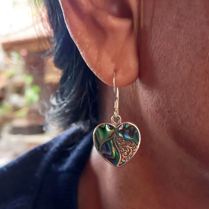 Abalone Heart Earrings - Sterling Silver, Indonesia
