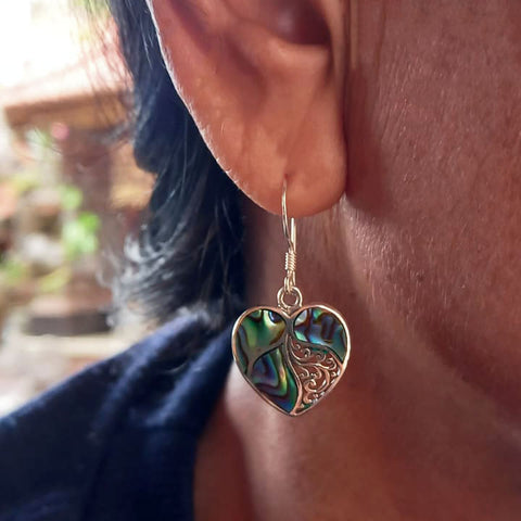 Fair trade abalone sterling silver heart earrings handmade by artisan,