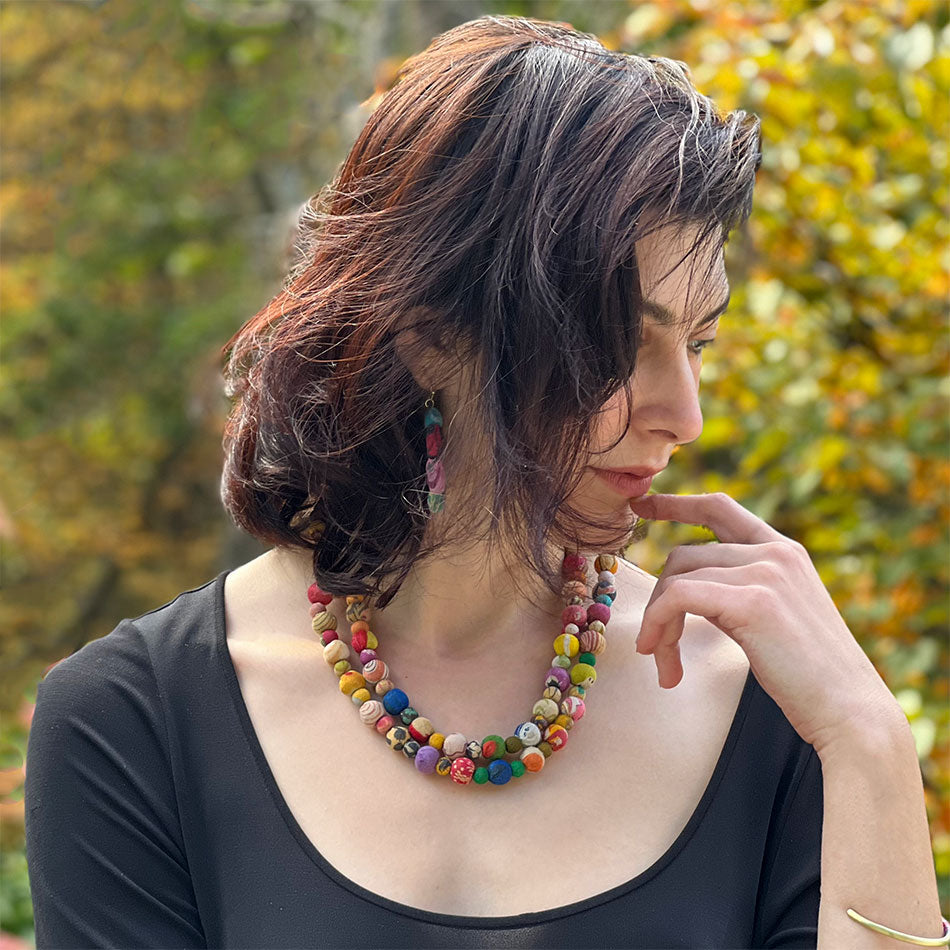 Fair trade recycled fabric necklace handmade by women artisans in India