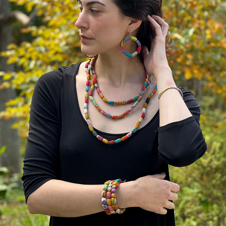Fair trade statement recycled earrings handmade by women artisans in India