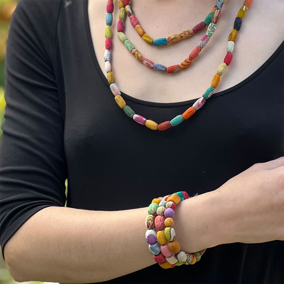 Fair trade kantha recycled bracelet handmade by women artisans in India