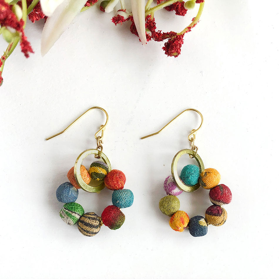 Fair trade recycled sari earrings handmade by women artisans in India