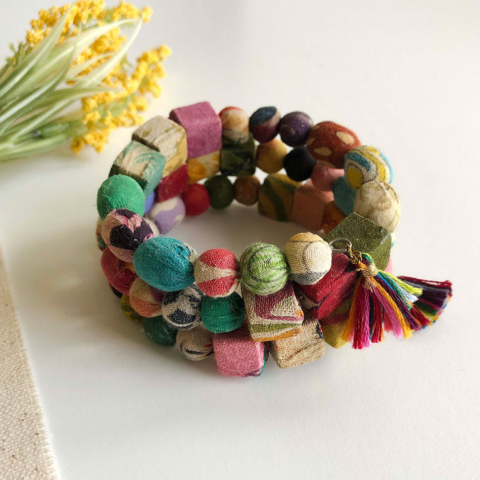 Fair trade kantha recycled fabric bracelet handmade by women artisans in India
