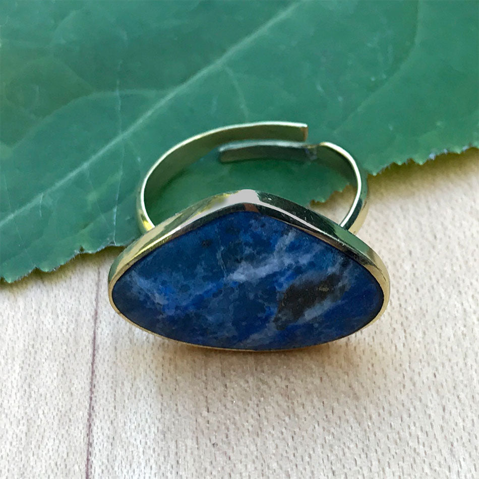 Fair trade lapis brass ring handmade by women in chile