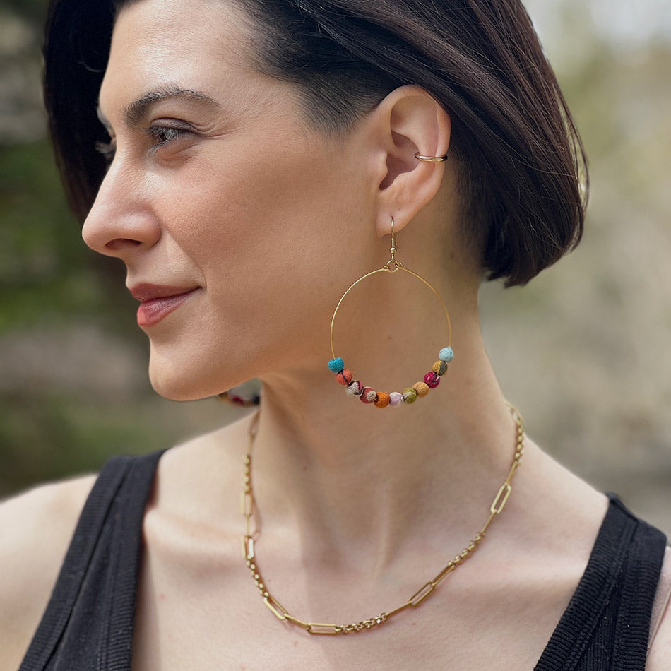 Fair trade recycled sari hoops handmade by women in india