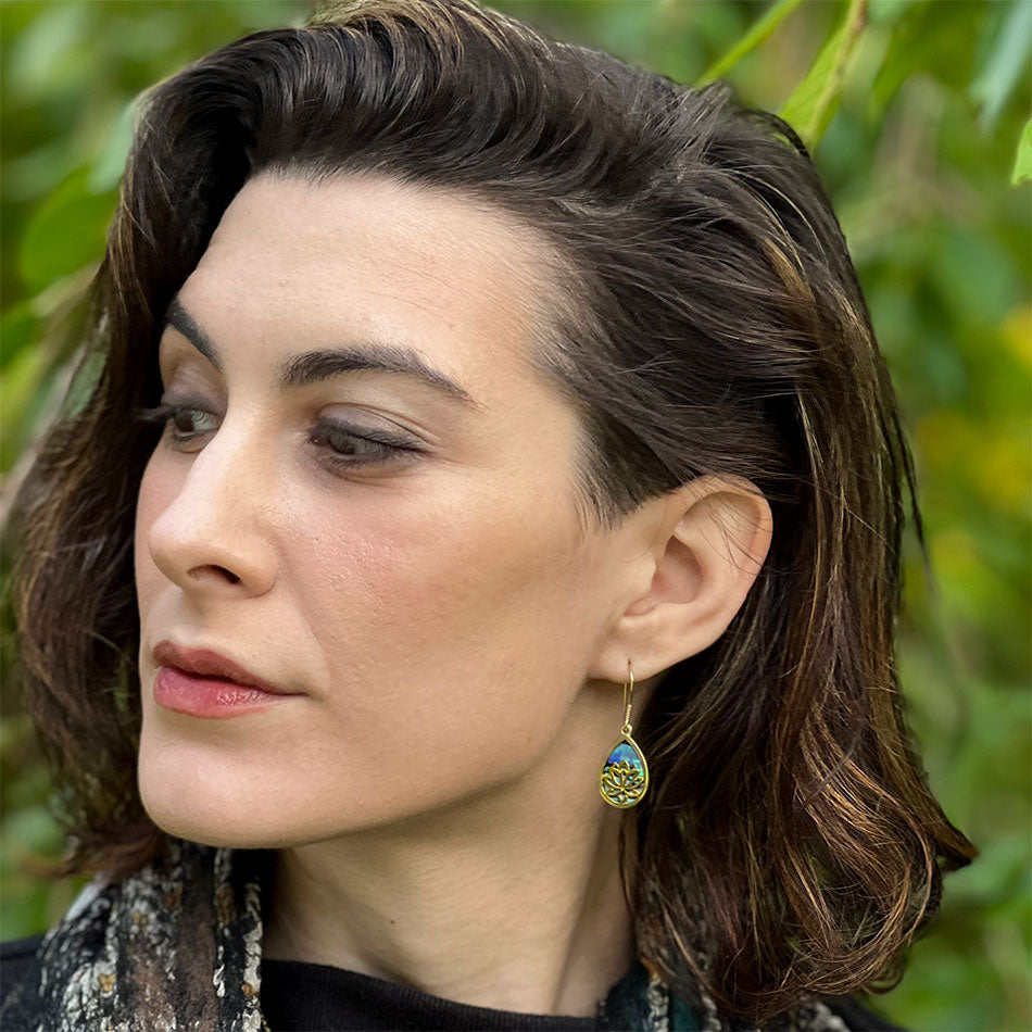 Fair trade lotus abalone earrings handmade by artisans in Bali