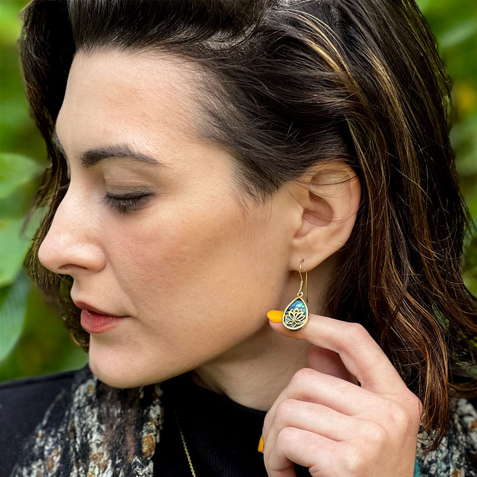 Fair trade brass abalone earrings handmade by artisans in Bali