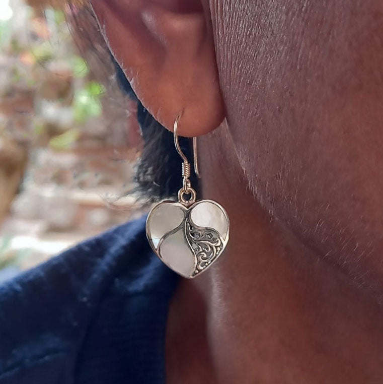 Mother-of-Pearl Heart Earrings - Brass, Indonesia
