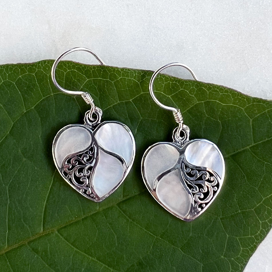 Mother-of-Pearl Heart Earrings -Sterling Silver, Indonesia