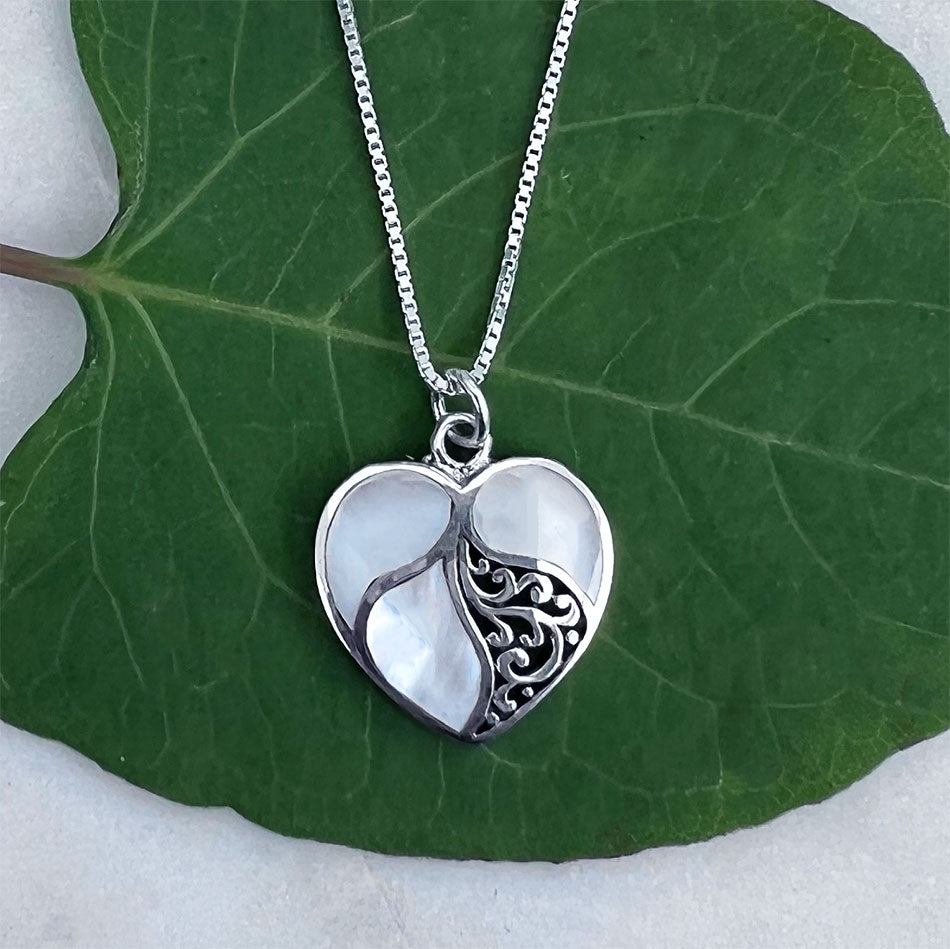 Fair trade mother-of-pearl heart necklace handmade by artisans in Bali