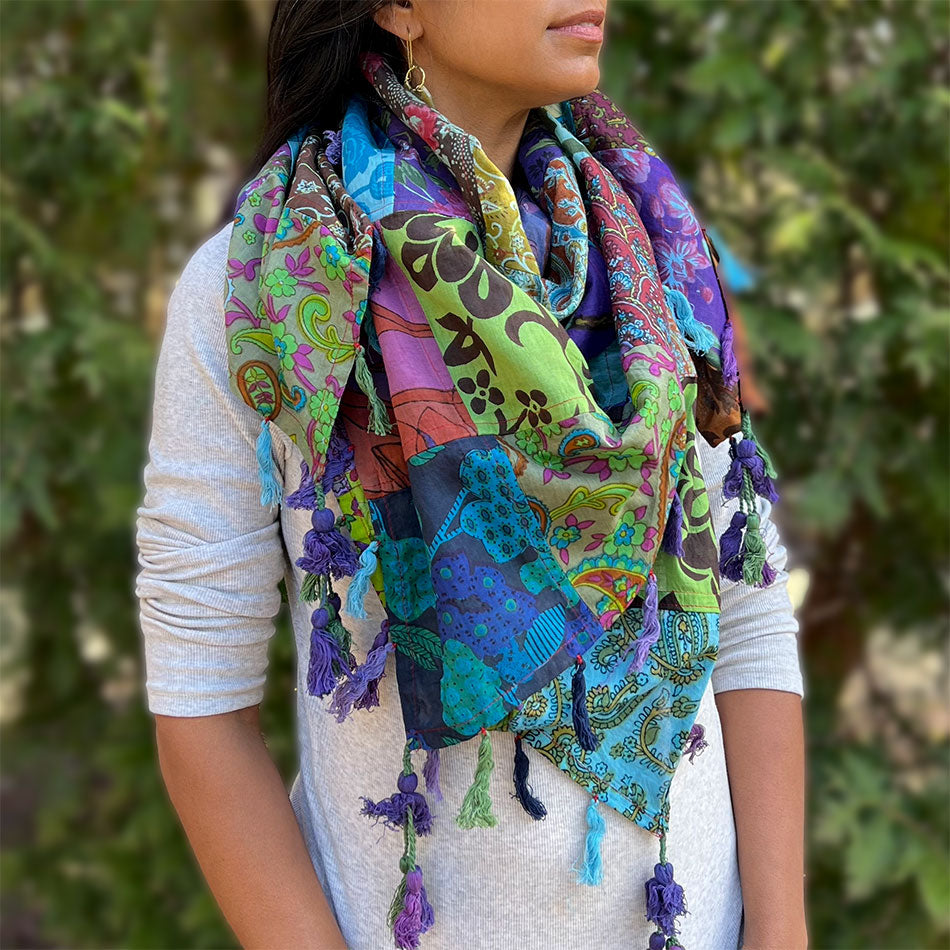 Patchwork Square Scarf - Floral, Nepal