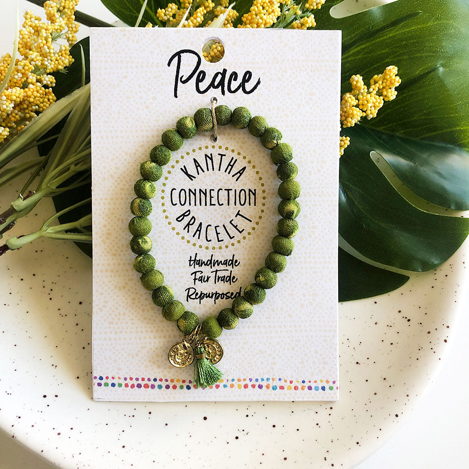 Fair trade recycled sari fabric peace bracelet handmade by artisans in India