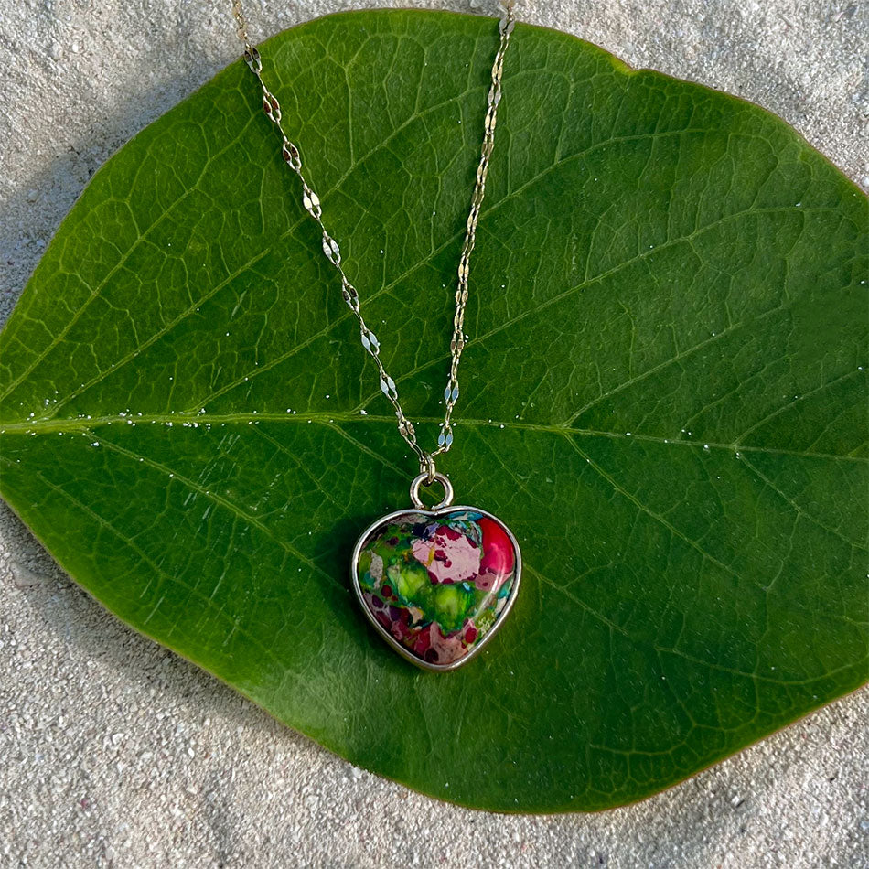 Fair trade heart jasper necklace handmade by survivors of human trafficking