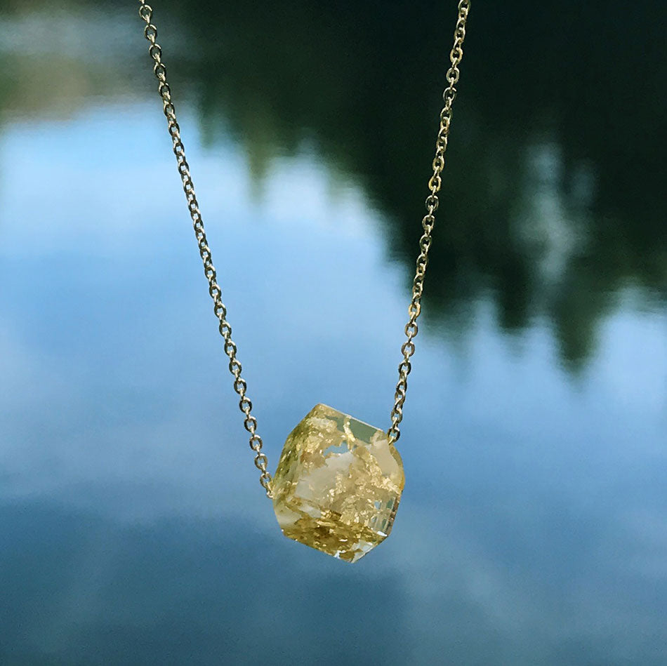 Eco-Resin Necklace - Gold Cube, Colombia