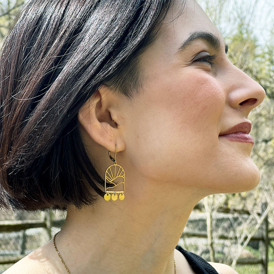 Fair trade brass sun earrings handmade by artisans in Guatemala
