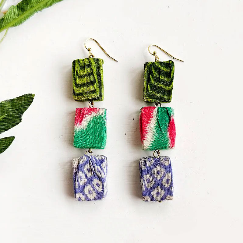Fair trade recycled sari earrings ethically handmade in India