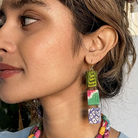 Fair trade recycled sari earrings ethically handmade in India