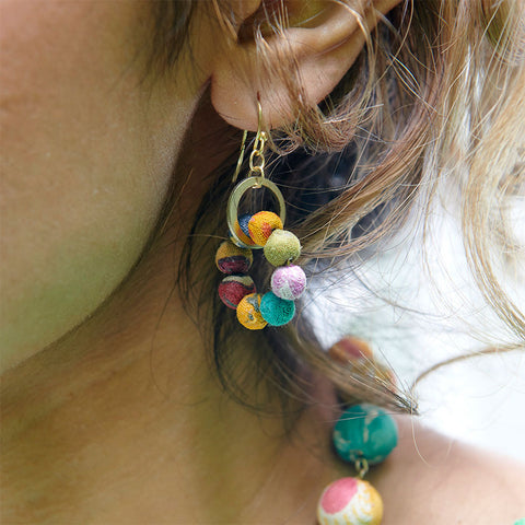 Fair trade recycled sari earrings handmade by women artisans in India