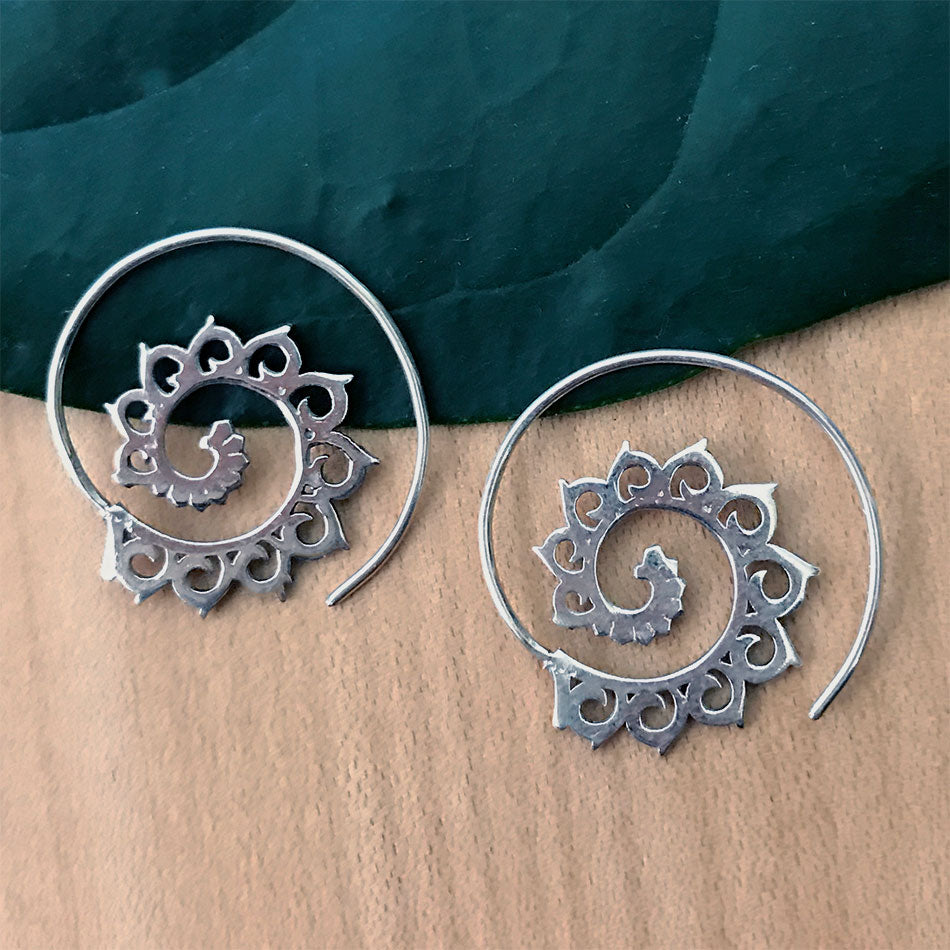 Lotus Spiral Earrings - Sterling Silver, Thailand