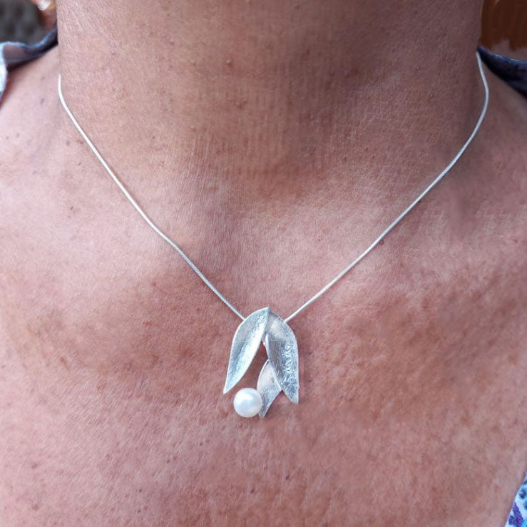 Delicate Petal and Pearl Necklace - Sterling Silver, Indonesia