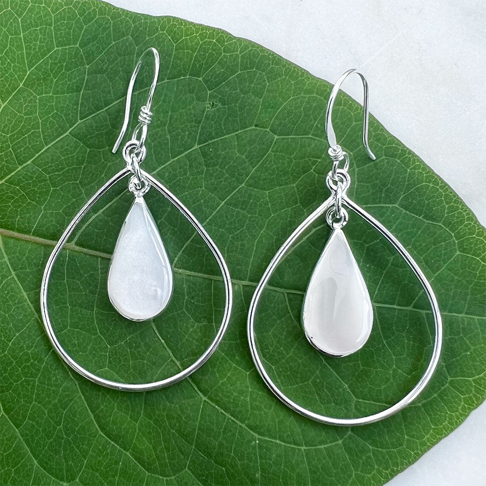 Fair trade sliver mother of pearl earrings handmade by women in Mexico