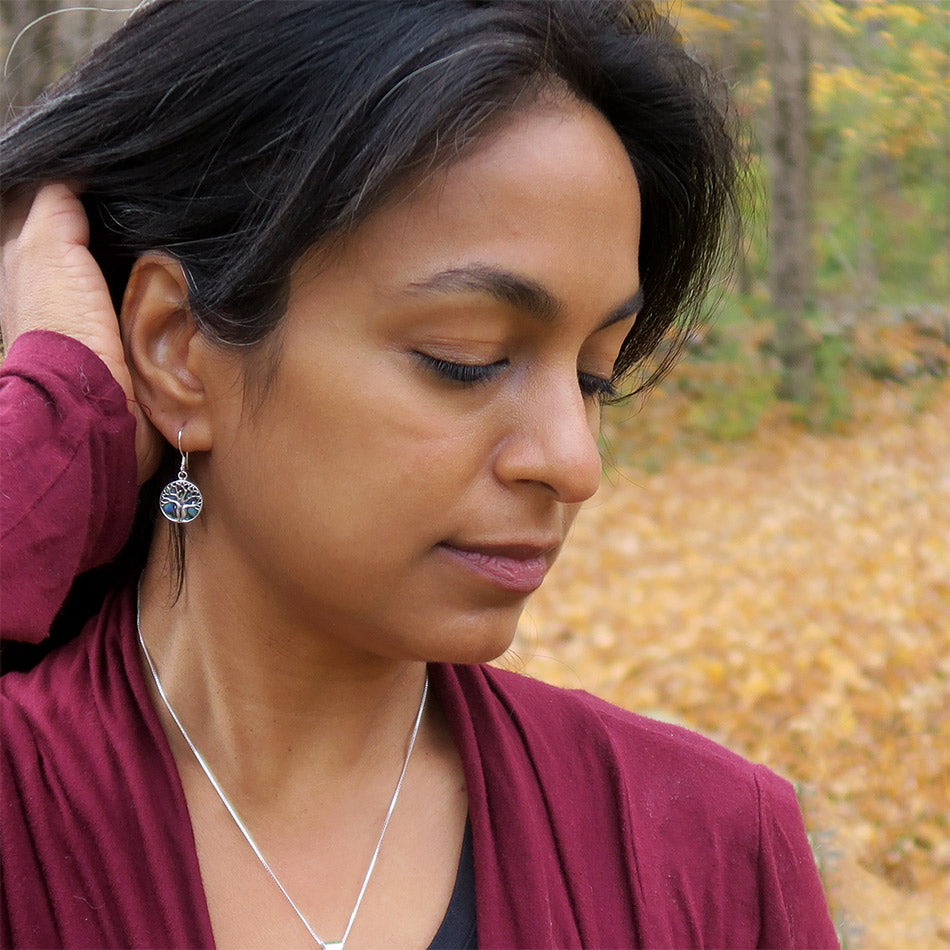 Fair trade sterling silver abalone tree of life earrings